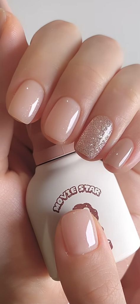 Wedding Nail Polish Brides, Simple Bridal Manicure, Simple Short Neutral Nail Designs, Neutral Glittery Nails, Gel Manicure Ideas For Natural Nails, Short Neutral Nail Ideas, Natural Color Manicure, Natural Color Gel Nails Short, Nude December Nails