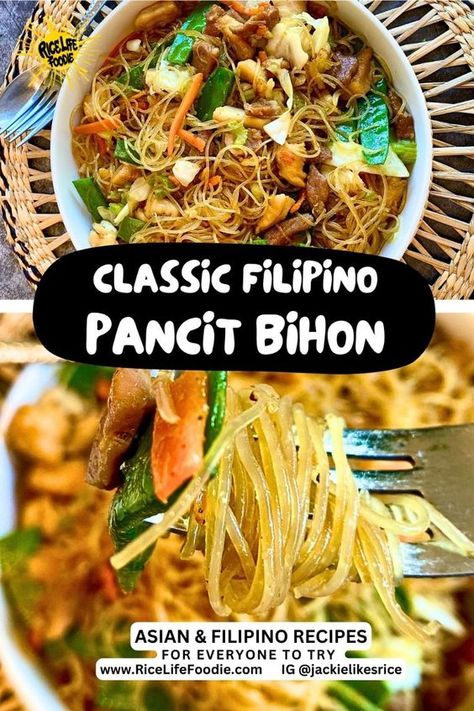 This authentic, classic Filipino pancit recipe exemplifies Philippines recipes with the kind of pancit recipe my mom used to make!  The meat is super tender and the vegetables are colorful. This is the best pancit noodle recipe that makes for easy dinner ideas and party food ideas.  You can't go to any Filipino party without seeing pancit invited. I make this for my kids, and they love it too!  Follow my step by step instructions so the meat is VERY tender and not dry and the pancit is perfectly cooked! Pancit Noodles Recipes, Pancit Recipe Filipino Dishes, Filipino Noodles Pancit Recipe, Filipino Recipes Pancit, Philippine Pancit Recipe, Pansit Recipe Filipino Dishes, Pork Pancit Recipe Filipino, Banh Pho Noodles Recipe, Phillipine Food Recipes