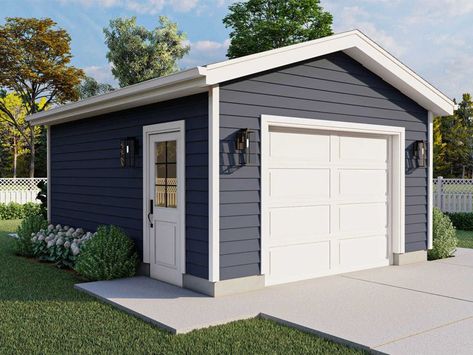 050G-0174: One-Car Garage Plan Rectangle Shed With Garage Door, One Car Detached Garage Ideas, Small Detached Garage Ideas, Detached Garage Designs, Garage Door Sizes, Prefab Garages, Garage Plans Detached, Garage Designs, Work Shops