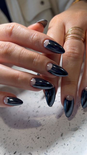 Nails With Half Moon, Red Half Moon Almond Nails, Half Moon French Tip Nails, Chrome Half Moon Nails, Half Moon French Nails, Black Glazed Nails, Black Half Moon Nails, Half Moon Nail Designs, Crescent Nails