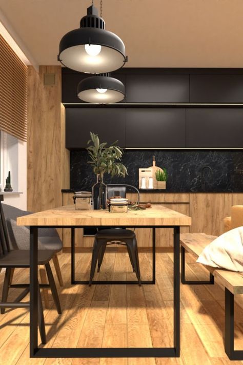 Black And Oak Aesthetic, Natural Oak And Black Kitchen, Cairo Apartment, Maple Wood Table, Modern Living Room Black, Rustic Oak Flooring, Mountain Kitchen, Living Room Industrial, Light Wood Kitchens