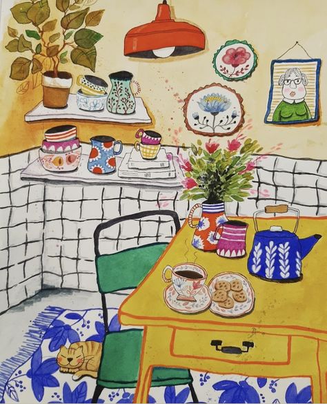 Cute Kitchen Paintings, Painting Of A Kitchen, Kitchen Paintings, Kitchen Illustration, Kitchen Painting, Naive Illustration, Art Diary, Arte Sketchbook, Arte Inspo