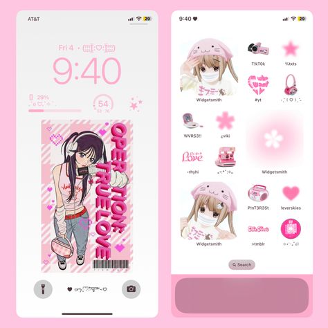 Laptop Backgrounds Y2k, Operation True Love Phone Layout, Phone Themes Aesthetic Pink, Operation True Love Widget, Ios 16 Layout Pink, Cute Phone Themes Pink, Pink Phone Layout Ideas, Ios Pink Layout, Pink Layout Aesthetic