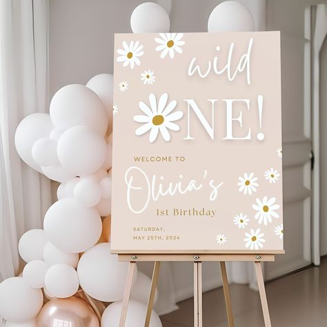 "Wild One!" Custom First Birthday Welcome Sign | Wildflower and Daisy Themed 1st Birthday Party Decor Add a touch of elegance to your little one's special day with our custom designed welcome signs, available in multiple finishes and material types: acrylic, metal, wood-framed museum quality prints, or Foam board print. All of our designs are made to order and fully customizable; created to match the style, decor and ambiance of your unique event.  Need a different color or font? Have a special Wild One First Birthday Decorations, Wild One Daisy Birthday, Cricut First Birthday, Daisy First Birthday Theme, Wildflower 1st Birthday Party, Daisy Themed Birthday Party, Birthday Welcome Board, Floral First Birthday Party, First Birthday Floral