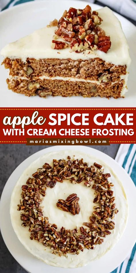 Are you looking for a simple Thanksgiving dessert? Learn how to make this apple spice cake with cream cheese frosting! In just one look you will know that it is delicious. This yummy treat is worth a try. Save this spiced apple cake recipe for later! Apple Cake Using Spice Cake Mix Boxes, Spice Cake With Apple Pie Filling, Boxed Spice Cake Recipes Ideas With Apples, Recipe Using Spice Cake Mix And Apple Pie Filling, Apple Spice Cake Using Box Cake, Apple Spice Cake Recipe, Spiced Apple Cake, Apple Spice Cake, Spice Cake Recipes