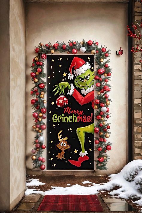 Grinch Door Cover Decorations for Christmas - Holiday Backdrop Banner for Front Door - Outdoor and Indoor Winter Party Decor Grinch Theme Classroom Decoration, Whoville Christmas Cubicle Decorations, Christmas Grinch Door Decorations, Grinch Photo Backdrop Diy, Diy Grinch Door Decorations, Grinch Door Ideas, Creative Christmas Door Decorations, Christmas Office Door Decor, Grinch Door Decor