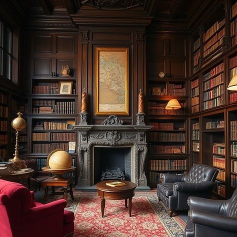 Victorian-era library with dark wood paneling, fireplace, velvet furniture, old maps, and leather-bound books for home decor inspiration Victorian Furniture Aesthetic, Victorian Era Library, Historic Home Library, Moody Library Aesthetic, Victorian Home Library, Victorian Bookshelf, Dark Wood Paneling, Home Library Aesthetic, Ornate Fireplace