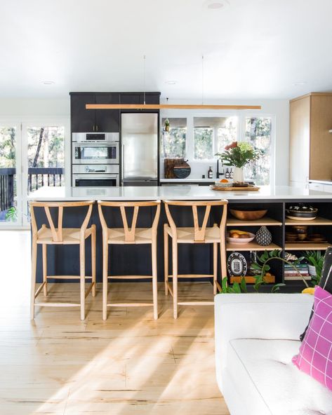 Remodeled 1978 Split-Level Modern House | Apartment Therapy Black And Light Wood Kitchen, Black And Light Wood, Light Wood Kitchen, Split Entry Remodel, Split Level Kitchen, Hay Table, Split Level Kitchen Remodel, Split Level Remodel, Split Level House