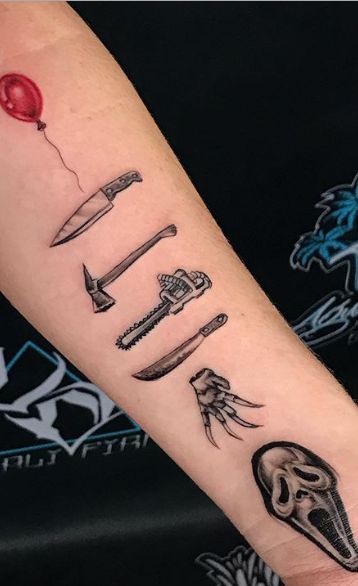 It's Friday the 13th - Enjoy These Scary Good Tattoos Creepy Halloween Tattoos, Scary Movie Tattoos Ideas, Freddie Kruger Tattoo, The Conjuring Tattoo, Creepy Tattoos For Women, Horror Film Tattoo, Horror Movie Tattoos Sleeve, Scary Movie Tattoos, Movie Character Tattoos