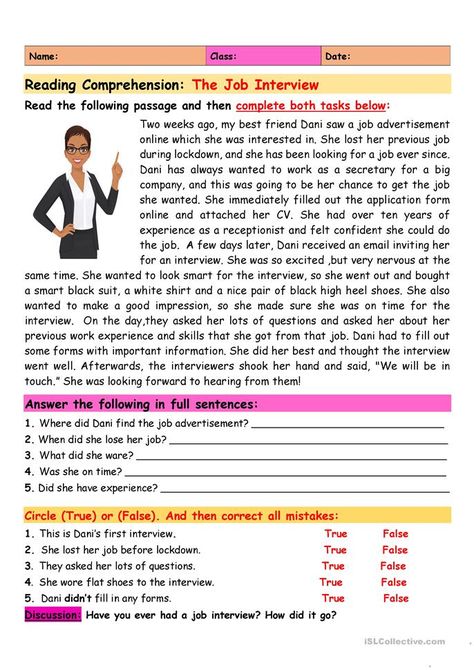 Reading Comprehension: A Job Interview - English ESL Worksheets for distance learning and physical classrooms English Reading Skills, Reading Skills Worksheets, Writing Comprehension, Reading Comprehension For Kids, Esl Reading, Esl Teaching Resources, Reading Comprehension Lessons, English Teaching Materials, Life Skills Special Education