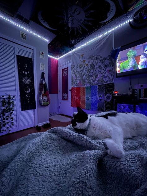 Gothic Y2k Room, Dark Girly Room Aesthetic, Black And Neon Bedroom, Bedroom Ideas Y2k Grunge, Egirl Room Ideas, Alternative Bedroom Aesthetic, Hangout Room Aesthetic, Edgy Room Bedrooms, Egirl Bedroom