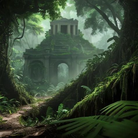 The image is a digital painting of a ruined temple in the jungle. The temple is made of gray stone and is covered in moss and vines. The jungle is dense and green, and the trees are tall and thick. The path to the temple is overgrown with vegetation, and the air is thick with humidity. The temple is in disrepair, and the once-grand structure is now a crumbling ruin. The scene is one of beauty and mystery, and it evokes a sense of wonder and awe. Anime Mysterious, Ruined Temple, Saraswati River, Jungle Temple, Temple Ruins, Temple Art, Ancient Origins, In The Jungle, Tropical Rainforest