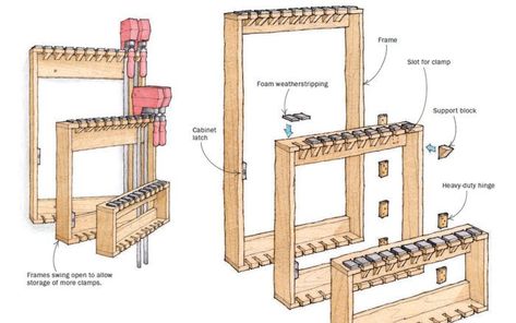 Space-Saving Rack for Bar Clamps - FineWoodworking Bessey Clamp Rack, Wood Clamp Storage Ideas, Clamp Cart, Ww Plans, Woodcraft Projects, Clamp Rack Woodworking, Workshop Hacks, Shop Hacks, Wood Clamps