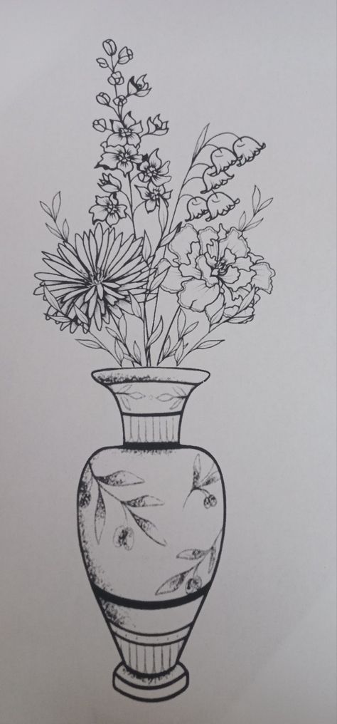 Back Of Leg Vase Tattoo, Antique Vase Drawing, Flower Vase Back Tattoo, Flower And Vase Tattoo, Flower Vase Tattoo Design, Floral Vase Tattoo, Vase Flower Tattoo, Flowers In A Vase Tattoo, Flower In Vase Tattoo