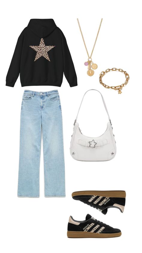 • black and cheetah print star hoodie • light wash wide leg jeans • white star bag • gold chunky jewelry Wide Leg Jeans White, Light Wash Wide Leg Jeans, Star Outfit, Star Hoodie, Star Bag, Chunky Jewelry, White Star, Jeans White, Cheetah Print