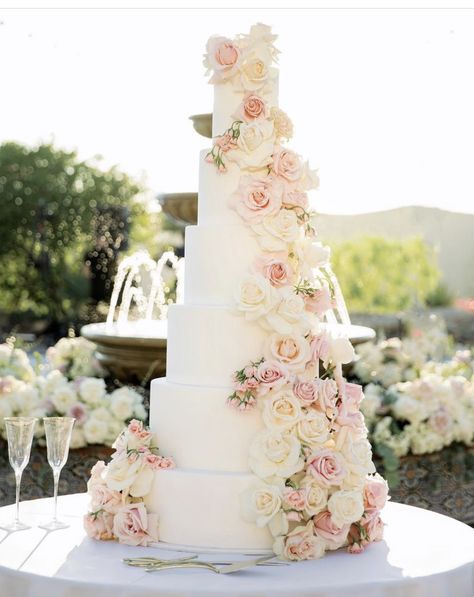 Big Wedding Cakes With Flowers, White And Blush Wedding Cake, Tall Wedding Cakes Elegant, Wedding Cakes Pink Flowers, Wedding Cake With Pink Roses, Over The Top Wedding Cakes, Pink Flower Wedding Cake, Big White Wedding Cake, Massive Wedding Cake