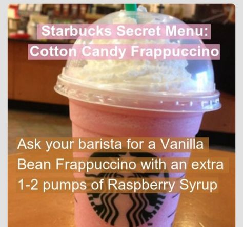 How To Order A Cotton Candy Frappuccino Cotton Candy Frappuccino, Starbucks Hacks, Starbucks Drinks Diy, Secret Starbucks Recipes, Healthy Starbucks Drinks, Secret Starbucks Drinks, Secret Menu Items, Starbucks Secret Menu Drinks, Starbucks Coffee Drinks