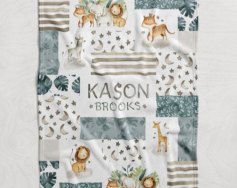 Safari Animal Baby Quilt Gender Neutral Quilt Elephant | Etsy Safari Baby Blanket, Baby Safari Animals, Animals Name, Animal Baby Quilt, Baby Name Reveal, March Baby, Neutral Quilt, Kylie Baby, Personalized Swaddle