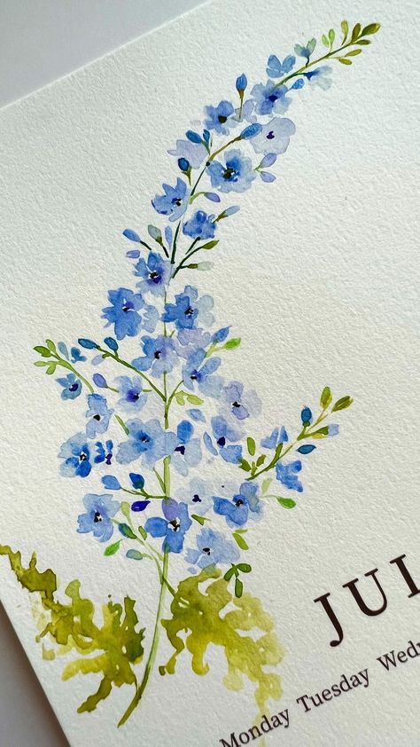 Seema | Delphinium or Larkspur? I can’t get over these beauties! Calendar page, watercolors and brushes @grabieofficial Link is in my bio. Code… | Instagram Coloring Pages For Watercolor, Delphinium Flower Watercolor, Larkspur Flower Watercolor, How To Paint Flowers Watercolor, Larkspur Painting, Watercolor Delphinium, Larkspur Watercolor, Journal Painting Ideas, Flower Drawing Watercolor