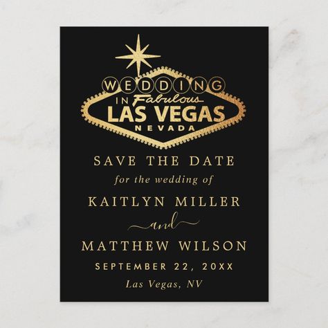 Elegant Las Vegas Wedding Save The Date Announcement Postcard | #weddingsavethedate #lasvegaswedding #casinowedding #destinationwedding #modernwedding #trendywedding #goldfoil #blackandgold #nevadawedding #saveorchangethedate Las Vegas Destination Wedding, Casino Wedding, Nevada Wedding, Foil Save The Dates, Gold Foil Wedding, Las Vegas Wedding, Foil Invitations, Save The Date Templates, Save The Date Postcards