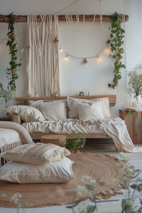 Un aménagement intérieur de maison de style bohème chic avec l'utilisation de matériaux comme le bois, les plantes d'intérieurs et des tissus moelleux. Au niveau des couleurs, utilisez des couleurs sobre comme le blanc, le beige, le gris et autre couleurs proche de la nature. Utilisez des éclairages doux. #DecorationInterieur #Bohème #Nature Earthy Living Room, Boheme Chic, Vintage House, Exterior, Living Room