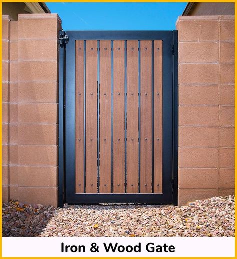 Wood Gates Ideas, Wood And Metal Gate, Side Yard Gate, Door Painting Ideas, Sliding Gate Design, Pagar Modern, Wooden Gate Designs, Gate Design Modern, Gate For Stairs