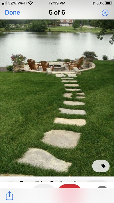 Lakefront Backyard Ideas, Fire Pit Pathway, Landscape Ideas Fire Pit Seating Areas, Fire Pit Ideas Backyard Hillside, Fire Pit Ideas Sloped Backyard, Lake Seating Area, Lowered Fire Pit Area, Pathway To Fire Pit, Backyard Sand Area