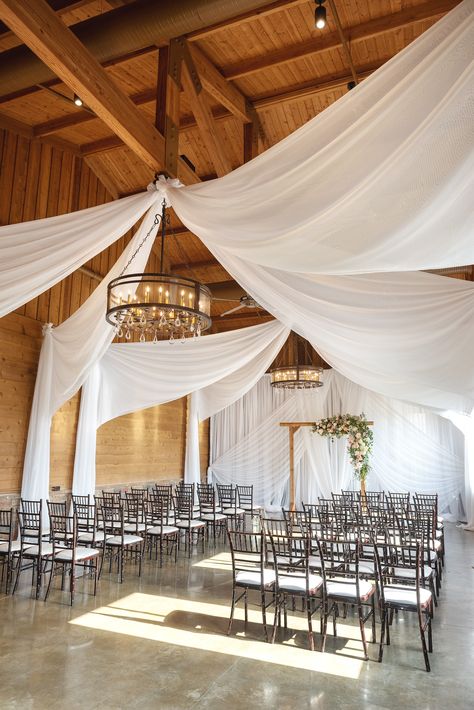 A modern barn ceremony at Sycamore! Check out our Chiavari Fruitwood chairs to elevate your rustic-inspired wedding 💍 Barn Wedding Ceremony, Wedding Ceremony Design, Modern Barn Wedding, Elegant Wedding Ceremony, Ceremony Arches, Aisle Markers, Ceremony Design, Wedding Aisle Decorations, Indoor Ceremony