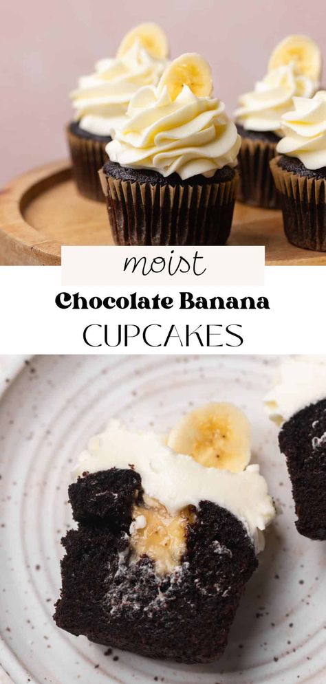 Banana Cream Filled Cupcakes, Chocolate Banana Cupcake Recipe, Chocolate Cake With Banana Filling, Banana Bread Cupcake Recipe, Banana Cream Cupcakes, Banana Smores, Banana Bread Cupcakes, Chocolate Banana Cupcakes, Banana Filling