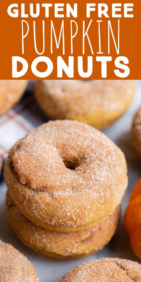 These Baked Gluten Free Pumpkin Donuts are topped with melted butter and a sweet cinnamon sugar mixture. The batter comes together quickly and all you need is a donut pan to bake these cuties right up! Enjoy these festive fall baked donuts for breakfast, snacks or dessert. #pumpkindonuts #glutenfree #pumpkinrecipe #bakeddonut #breakfast Gluten Free Pumpkin Recipes Healthy, Gluten Free Pumpkin Cookies, Pumpkin Donuts Recipe, Gluten Free Pumpkin Recipes, Gluten Free Pumpkin Muffins, Pumpkin Recipes Healthy, Donuts Recipe, Pumpkin Recipes Dessert, Baked Donuts