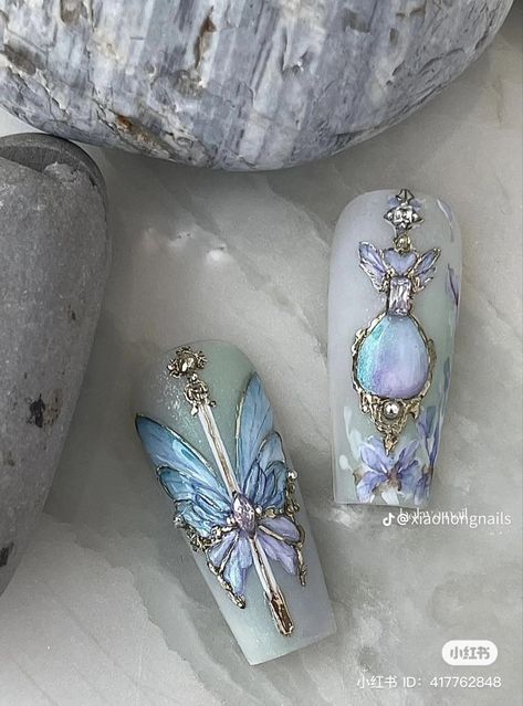 Fantasy Nails Acrylic, Lapis Lazuli Nails, Elven Nails, Fantasy Nails Designs, Bridgerton Nails Ideas, Spring Nails Acrylic Coffin Long, Medieval Nails, Rococo Nails, Spring Nail Ideas 2023