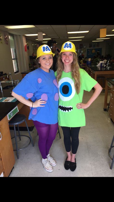 Monsters Inc Mike & Sully DIY outfit Monsters Inc Teacher Costume, Disney Teacher Costumes, Diy Sully Costume Monsters Inc, Monsters Inc Group Costume, Teacher Duo Halloween Costumes, 2 Ppl Halloween Costumes, Monster Ink Costumes, Sully Monsters Inc Costume, Monsters Inc Family Costume