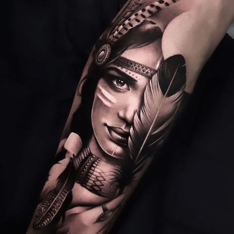 Find out everything important to know about Native American tattoos. The most popular images. Their deep meaning, key features of the tattoo, and history. Native Woman Tattoo Design, Realism Feather Tattoo, Indian Face Tattoo, Indian Tattoo Sleeve, Indian Tattoos For Women Native, Native Tattoos For Women, Tattoo Indien, Indian Women Tattoo, Indian Girl Tattoos