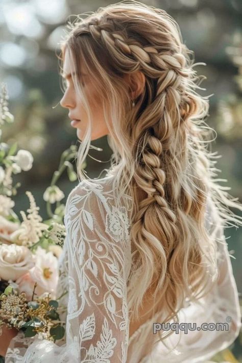 Long Blond Wedding Hairstyles, Boho Floral Hair Piece, Wedding Half Up Half Down With Headpiece, Floral Hair Pieces For Wedding, Romantic Whimsical Wedding Hair, Wedding Hair Whimsical, Fantasy Wedding Hairstyles, Forest Wedding Hairstyles, 2024 Wedding Hair