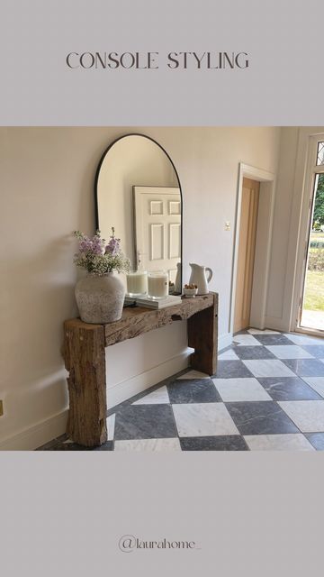 Entryway With Arched Mirror, Mirror Leaning On Console Table, Arch Mirror Over Buffet, Black Arched Mirror Over Console Table, Console Table With Arched Mirror, Arch Mirror Console Table, Console Table With Arch Mirror, Arch Mirror Hallway, Mirror And Console Table Ideas