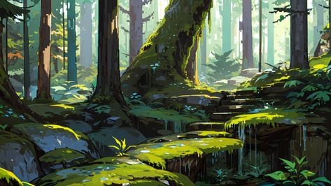 Mossy Forest, Environment Painting, Background Painting, 동화 삽화, Arte Peculiar, Scenery Background, Landscape Concept, Sun Light, Digital Painting Tutorials