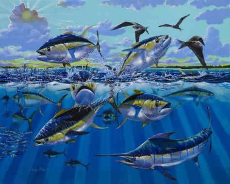 Art by Carey Chen yellow run Tuna Painting, Deepwater Horizon, Tuna Fishing, Yellowfin Tuna, Salt Water Fishing, Detailed Paintings, Tuna Fish, Turtle Tattoo, Marine Art