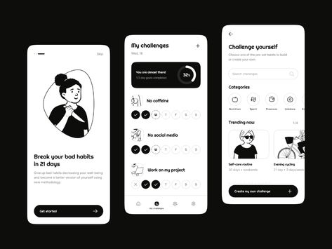 Habit App, Habit Tracker App, Core Routine, Secrets And Lies, Habit Tracking, Tracking App, Monochrome Design, Book App, App Ui Design