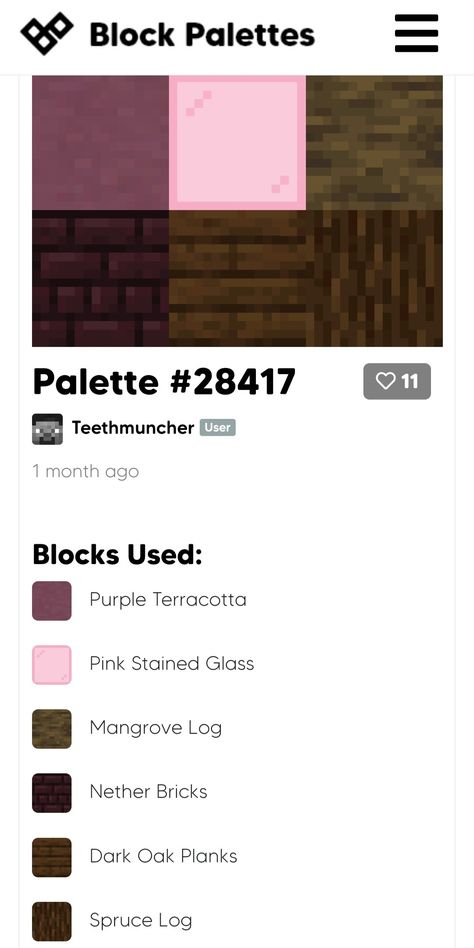 Nether Brick Palette, Minecraft Spruce Color Palette, Building Pallets Minecraft, Dark Oak Color Palette Minecraft, Minecraft Block Palate, Minecraft Color Palette For Houses, Block Combos Minecraft, Minecraft Block Palette Dark, Block Pallet Minecraft