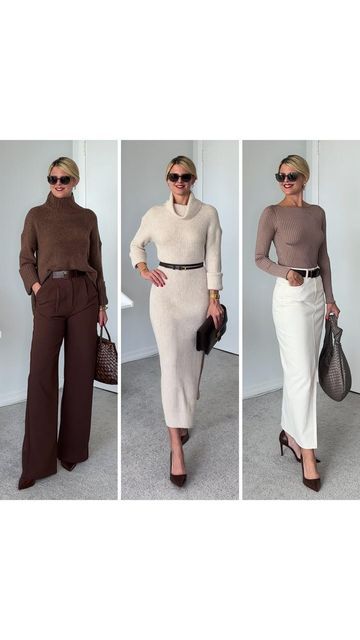 Fashion 2023 Winter, Wide Leg Tailored Pants, 2023 Winter Fashion, Ecru Denim, Fall Fashion 2023, Maxi Sweater Dress, Maxi Sweater, Taupe Sweater, Brown Accessories