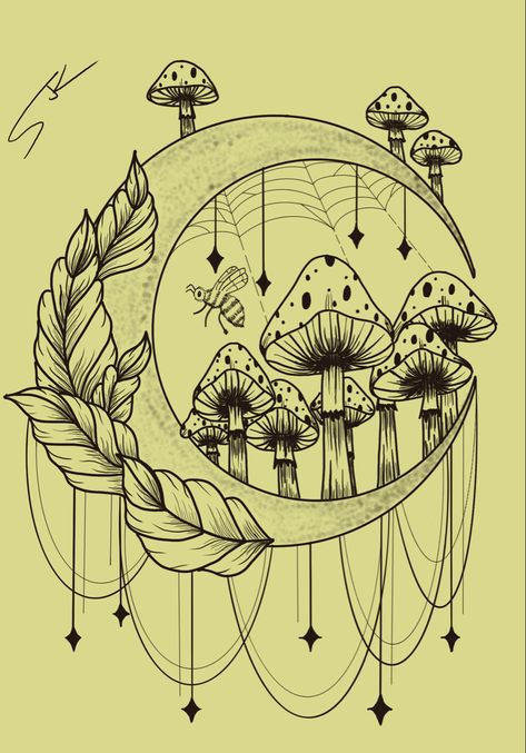 Moon And Mushroom Painting, Moon With Mushrooms Tattoo, Moon And Mushroom Art, Mushroom Frame Drawing, Moon And Plants Drawing, Mushroom Drawings Cute, Moon And Crystals Drawing, Moon And Mushroom Drawing, Moon And Mushroom Tattoo