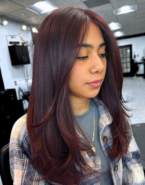 Mahogany Hair Color Burgundy, Best Hair Color For Hazel Green Eyes, Burgundy Brunette Hair, Brownish Purple Hair, Cherry Red Hair On Brown Skin, Long Hairstyles For Straight Hair, Dark Mahogany Brown Hair, Brown Red Copper Hair Color, Black To Red Hair