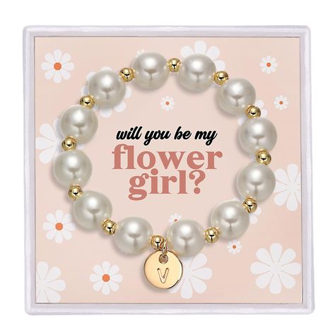 PRICES MAY VARY. Flower girl Bracelet: Flower Girl Bracelets personalized with her monogram initial make a pretty gift for any little girl in your bridal party. Thank them for being your flower girl! Meaningful Gifts: The perfect flower girl thank you gift, you can give him to the flower girl individually or put him in a flower girl gift box to show your appreciation for them! High Quality Material: The imitation pearls made of high quality raw materials are very lightweight and comfortable, and Flower Girl Proposal, Bridal Bracelet Pearl, Flower Girl Jewelry, Easy Wedding Planning, Ring Bearer Gifts, Toddler Flower Girls, Flower Girl Bracelets, Box Gifts, Bridesmaid Gift Boxes