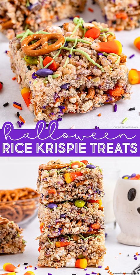 Halloween Rice Krispie Treats #halloween #nobakerecipes #easyrecipes #nobake #ricekrispietreats #halloweencandy #partyfood Rice Krispie Treats Halloween, Halloween Rice Crispy Treats, Recipes For Halloween, Candy Corn Recipe, Halloween Rice Krispie Treats, Treats Halloween, Halloween Dessert, Cereal Treats, Rice Krispy