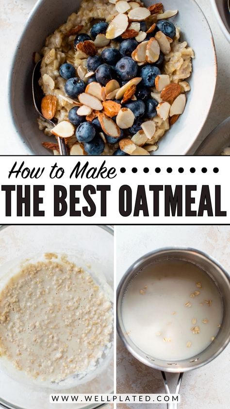 How to make oatmeal from scratch on the stovetop or in the microwave, plus topping ideas—just 10 minutes for a healthy, hearty breakfast! Perfect Oatmeal How To Make, Oatmeal On Stove Top, How To Cook Oatmeal On Stove, How To Make Oatmeal On The Stove, Stove Top Oatmeal Recipes, Stove Top Breakfast, How To Make Oatmeal, Stove Top Oatmeal, Oatmeal Stovetop