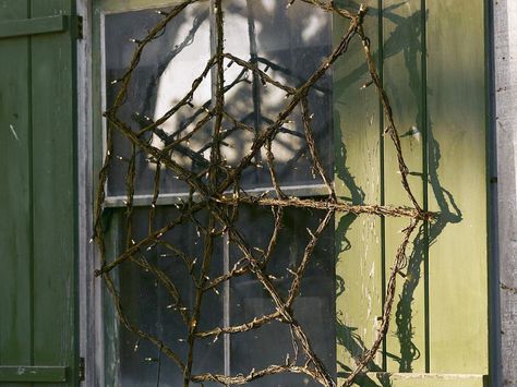 Warning: Real spiders will be very jealous. With 100 glass lights set over a natural twig and handwoven rattan frame, this twig spider web is the prettiest web we've ever seen. Festive Halloween Decor, Twig Lights, Clever Halloween, Holiday Decor Halloween, Halloween Pumpkins Carvings, Halloween Spider Web, Outdoor Holidays, Outdoor Holiday Decor, Halloween Stuff