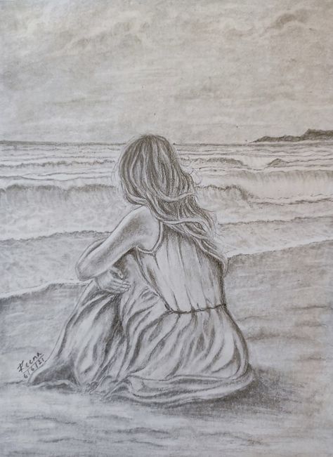 Mermaid Sitting On A Rock Drawing, Pencil Drawings People, Drawing Of Ocean, Calm Nature Drawing, Drawing Of Beach, Beach Scene Drawing Pencil, Pretty Drawings Aesthetic, Quick Sketches Of People, Beach Sketch