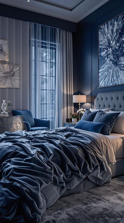 Dark Feminine Bedroom Blue Luxury Bedroom, Midnight Blue Bedroom Ideas, Black And Blue Bedroom Ideas, Bedroom Serene, Midnight Blue Bedroom, Feminine Bedroom Ideas, Edgy Bedroom, Dark Feminine Bedroom, Dark Palette