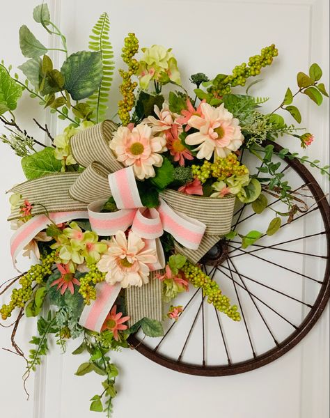 Bike Wheel Wreath, Bicycle Wheel Decor, Bicycle Wreath, Bicycle Wheel Wreath, Wheel Crafts, Wheel Wreath, Sunflower Door Hanger, Fall Deco Mesh Wreath, Bicycle Rims