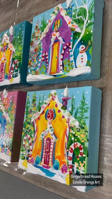 Estelle Grengs Art on Instagram: "So much fun creating these ginger houses! 6x6x1.5 and can sit or hang! DM for purchase Info. #gingerbread #gingerbreadhouses #gingerbreadhouse #christmasdecor #funart #acrylicart #impastopainting #impasto #paletteknifepainting #snow #newenglandlife #newhampshire #sparkle #holidaydecor" Christmas Art Class Ideas, Gingerbread House Paintings, Gingerbread House Art, Whimsical Christmas Art, Gingerbread Art, Xmas Gingerbread, Christmas Art Projects, Snow House, Christmas Canvas Art